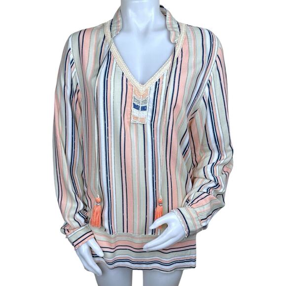 Skemo Tops - Skemo Long Sleeve Tunic Top Beige peach Striped With embroidery stone Size Large